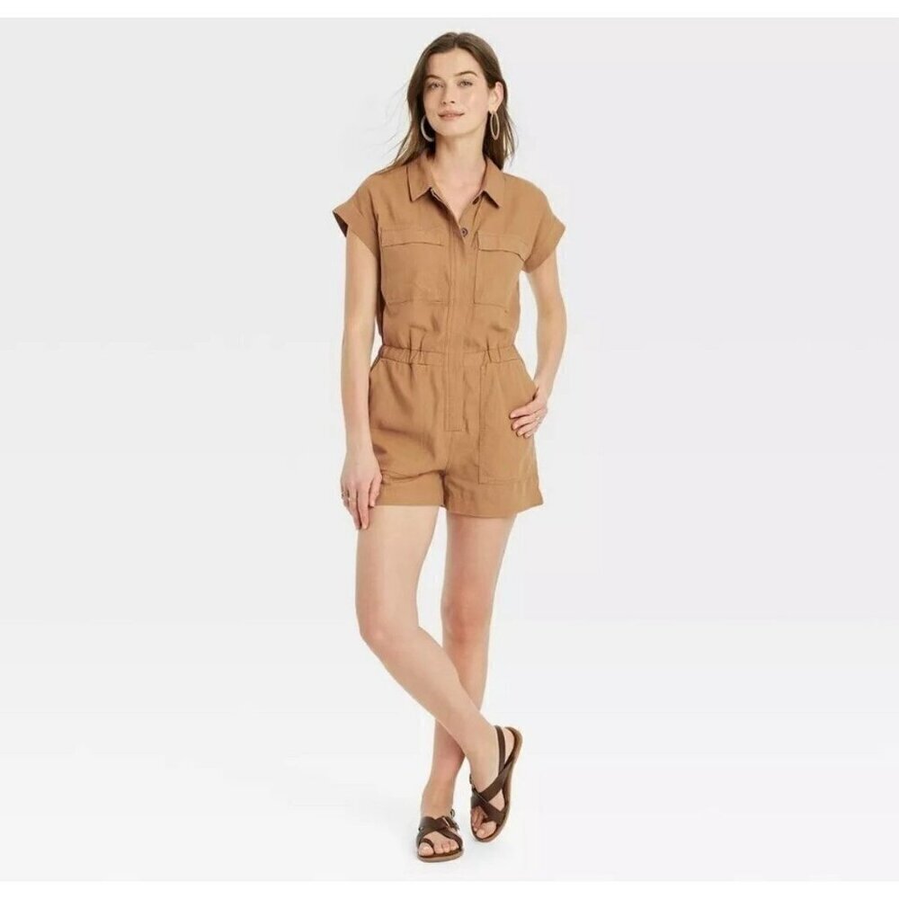 Womens Short Sleeve Romper Universal Thread Brown Size 6 Collared